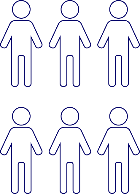 a group of 6 simplified figures (similar to stick figures) done with thin, navy blue line art with a white fill