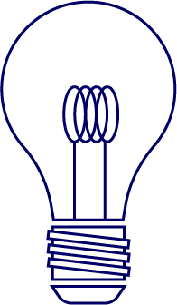 A lightbulb drawn with thin navy blue line art with a white fill