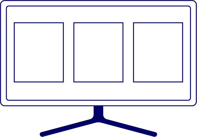 A tv screen with three boxes drawn with navy blue line art with a white fill