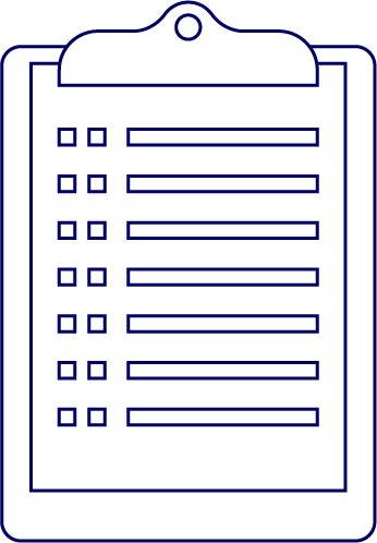 A clipboard with a list represented as boxes and rectangles drawn in thin navy line art with a white fill