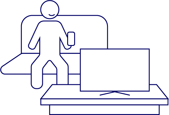 A simplified figure (like a stick figure) sitting in front of a tv on a sofa, holding a phone. Everything in the scene is drawn with navy blue line art with a white fill
