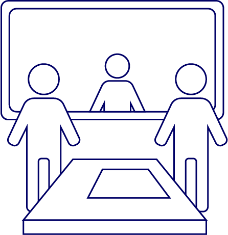 Three simplified figures (like stick figures) in a scene. Two are in a lab with a table between them; the third is behind a window watching them. Everything in the scene is drawn with navy blue line art with white fill