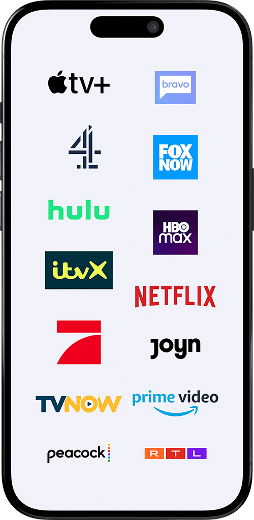 A phone with a screen showing various Video-on-demand providers from multiple countries, including Apple TV, Bravo, CNBC, Channel 4, Fox News and many more
